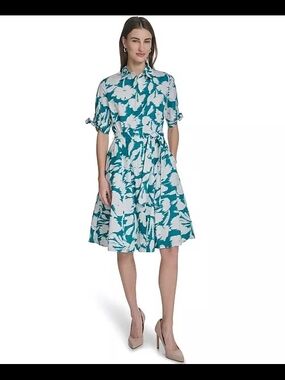 Calvin Klein Teal and White Floral Shirt Midi Dress